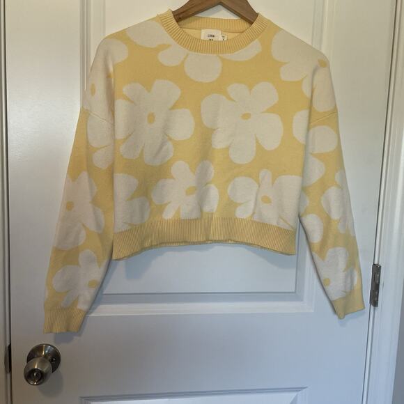 Luna Ivy Daisy Croquette Cottage Preppy Cozy Casual Cropped Sweater Sz S Yellow - Picture 4 of 14